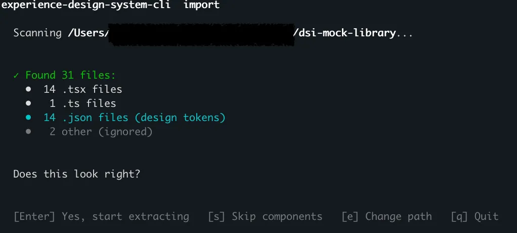 Extraction summary: the CLI scanned the project, listed 31 files by type (14 .tsx, 1 .ts, 14 .json design tokens, 2 other ignored), and asks the operator to confirm before starting extraction.