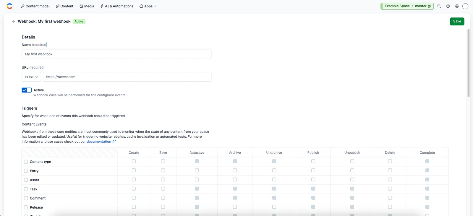 Creating a new webhook
