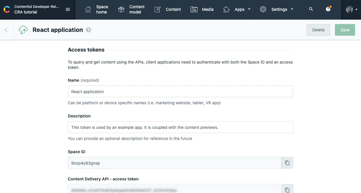 API keys section in the Contentful UI