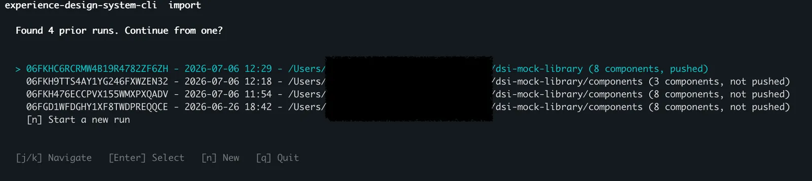 Run picker at wizard start, listing four prior runs with their run IDs, timestamps, project paths, component counts, and push state. The highlighted first row shows a run that has already been pushed; the other three are marked "not pushed". A "Start a new run" option appears below the list.