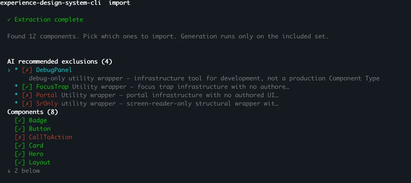 Scope gate screen with an "AI recommended exclusions" section listing components the agent flagged (DebugPanel, FocusTrap, Portal, SrOnly) alongside its rationale, and a "Components" section listing the remaining candidates with accept/reject markers.