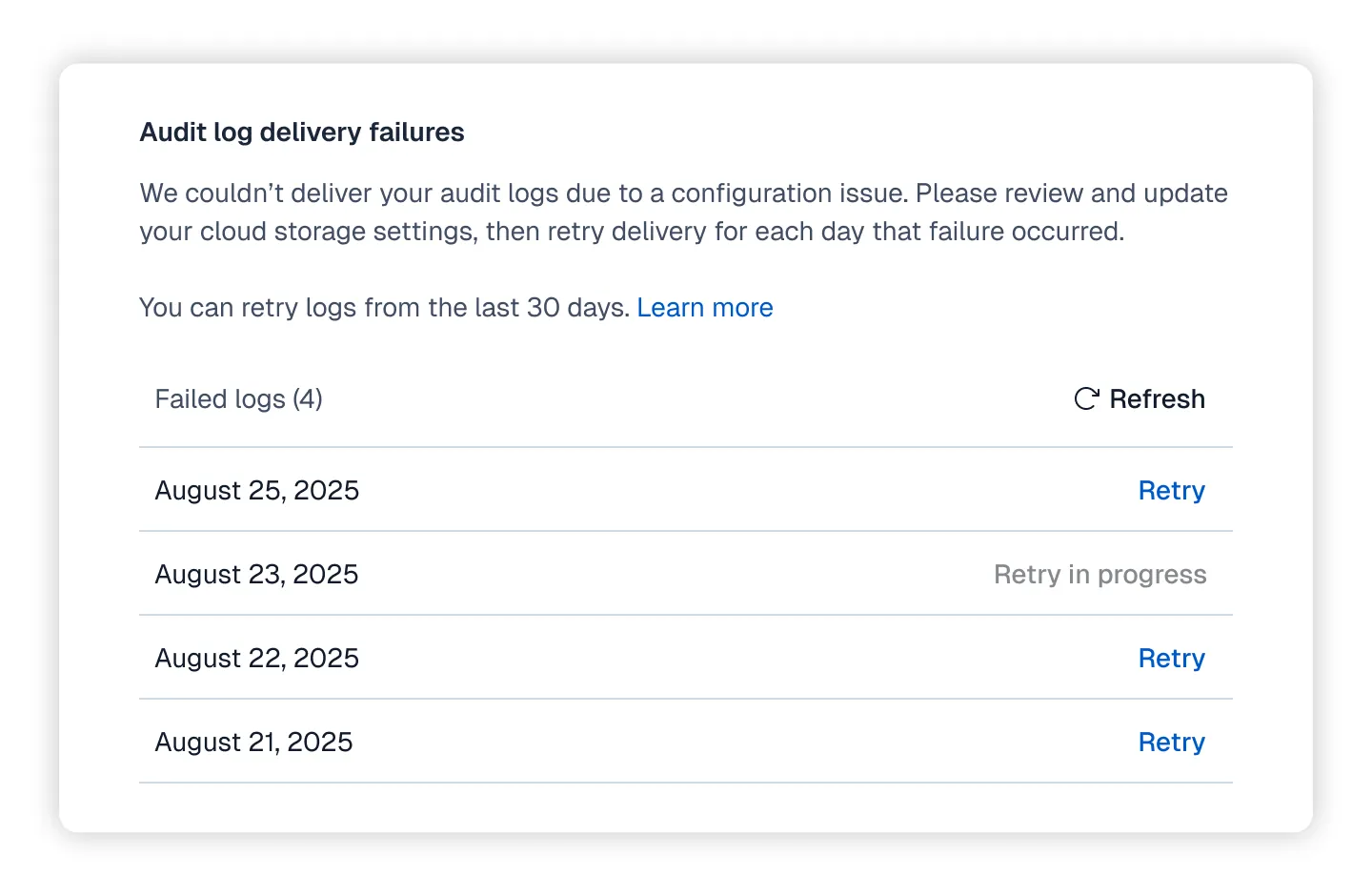 Audit log delivery failures modal