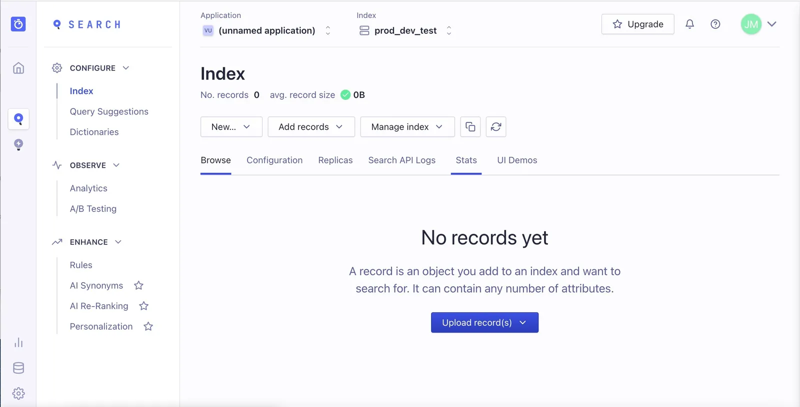 Algolia interface showing options to import data