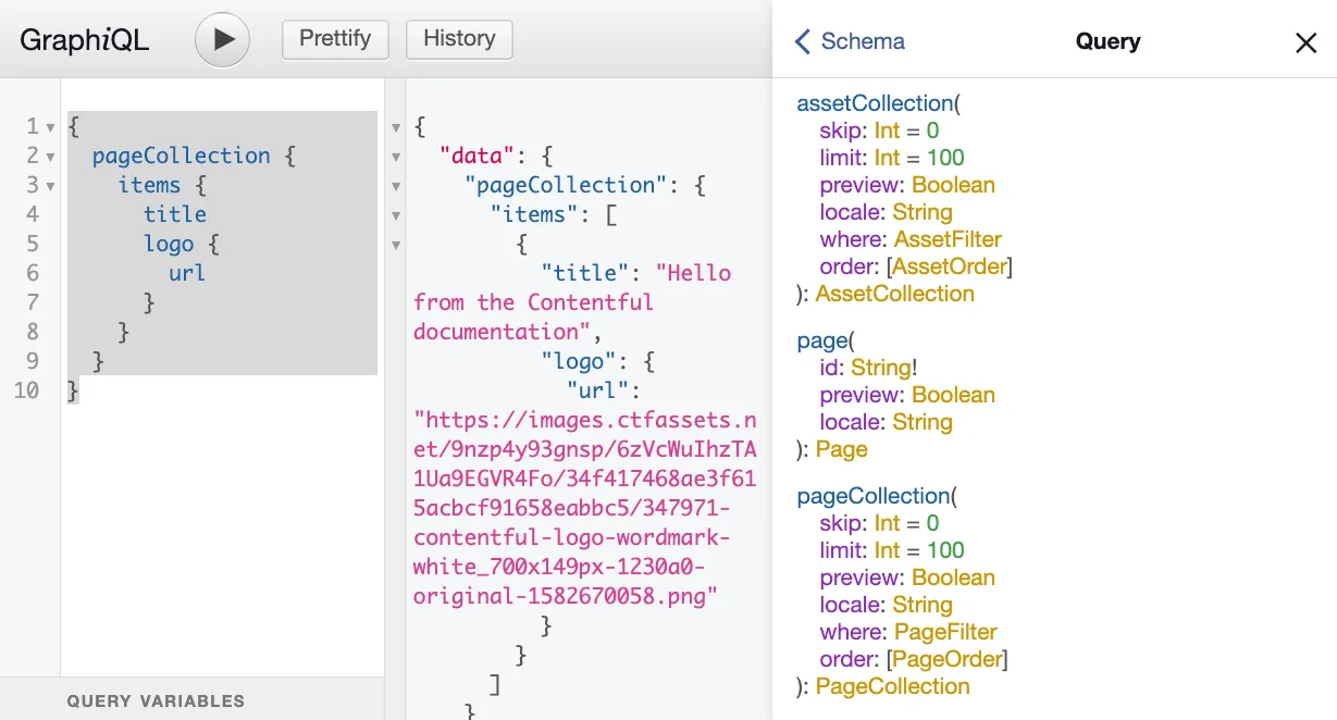 GraphiQL interface showing fields for a single and collection page field
