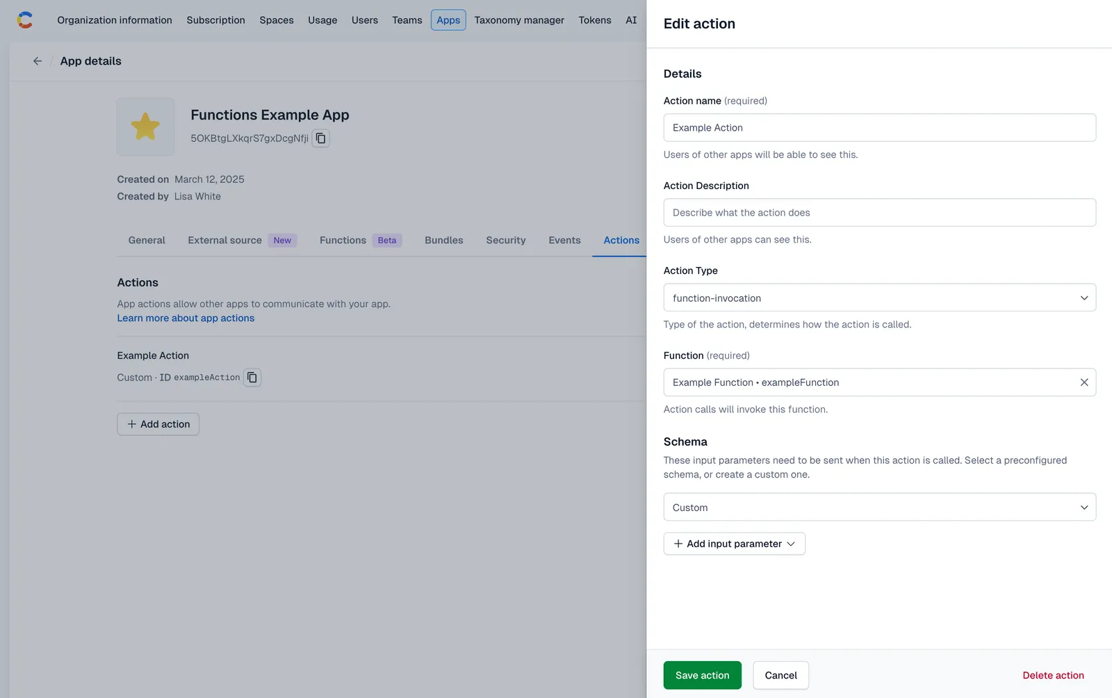 App Action functions setup