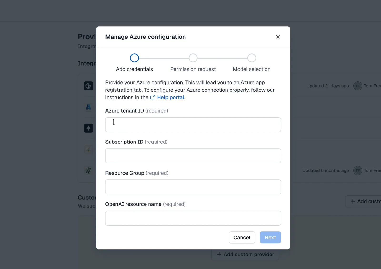 Azure connector modal