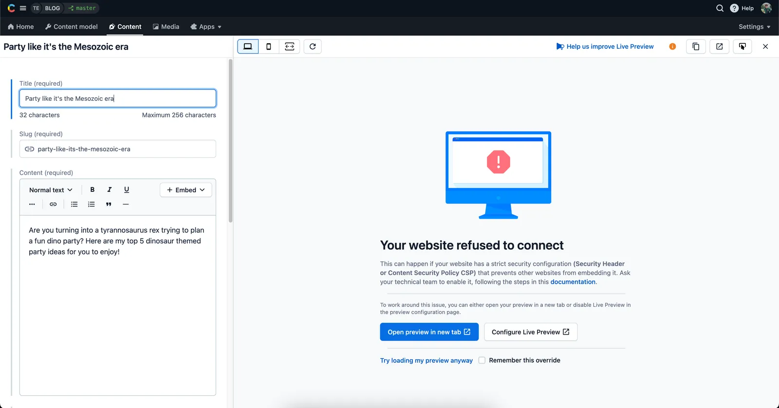 Live preview refused to connect
