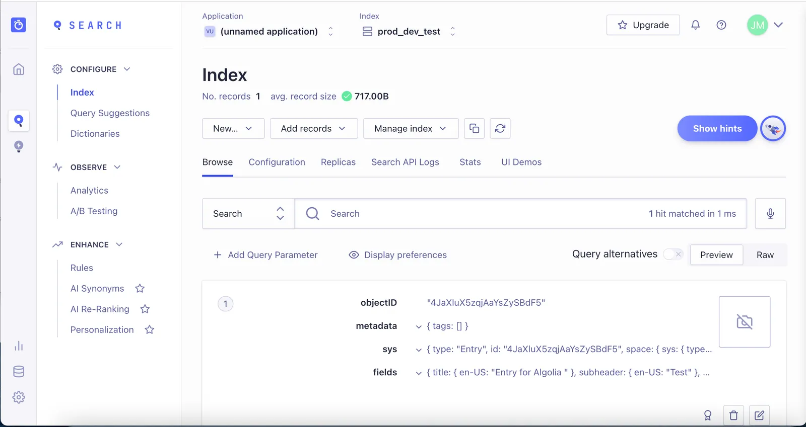 Algolia interface showing indexed Contentful metadata