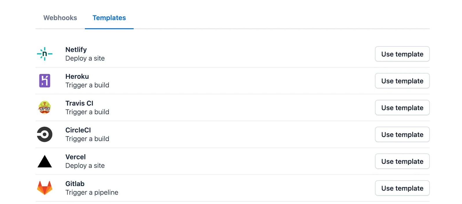 Webhook Templates List
