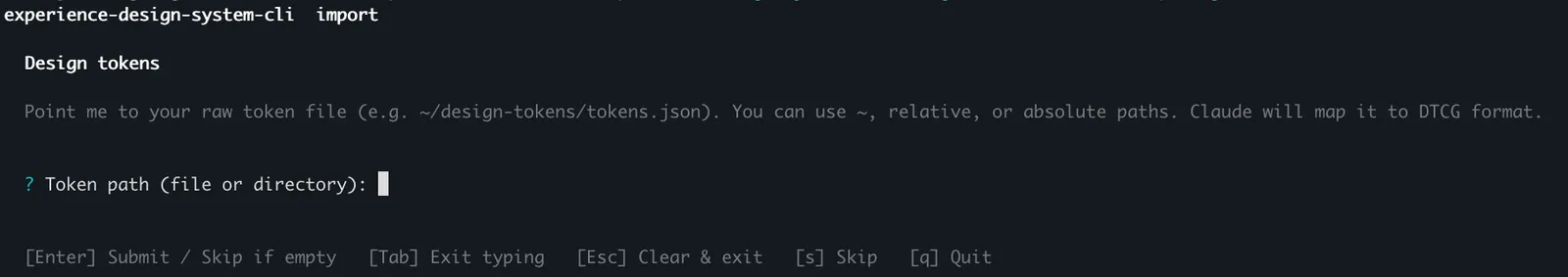 Design tokens step showing the prompt "Token path (file or directory)" with an explainer that the AI agent will classify the input into DTCG format, and legend hints for submitting, skipping, or clearing the input.